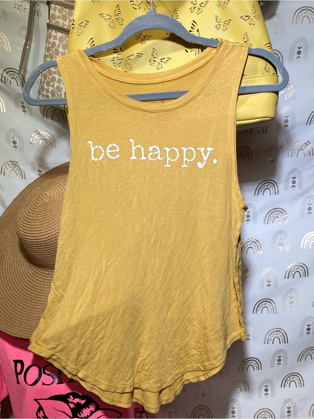 Grayson Threads Yellow "be happy." Women's Sleeveless Tank